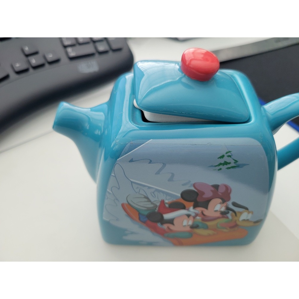 Disney Mickey Minnie Pluto Winter Sledding Square Ceramic Teapot Houston Harvest